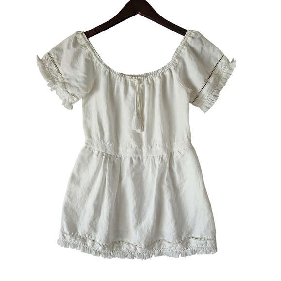 Saks Fifth Avenue Off Shoulder Dress Fringe Trim Short Sleeve Size M Off White - Picture 1 of 10